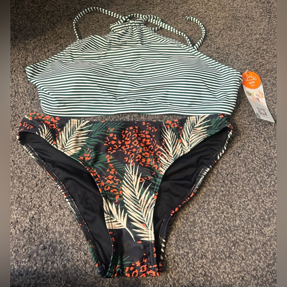 Green Stripe High Neck Bikini Swimsuit Set